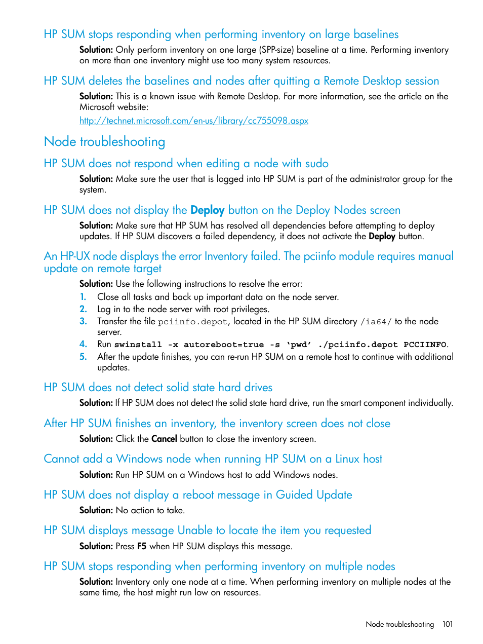 Node troubleshooting, Hp sum does not detect solid state hard drives | HP Smart Update Manager User Manual | Page 101 / 130