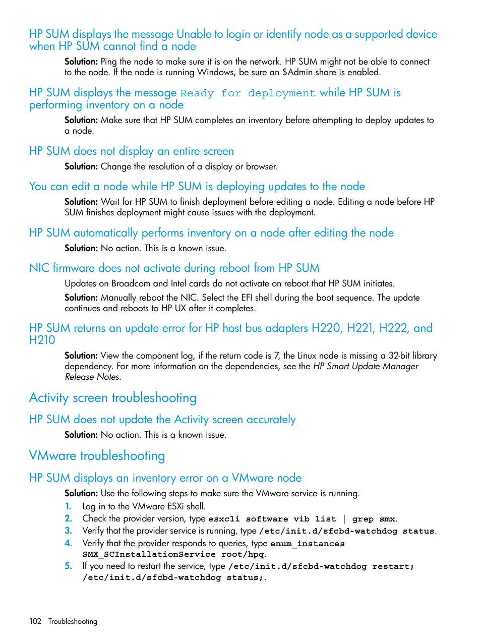 Hp sum does not display an entire screen, Activity screen troubleshooting, Vmware troubleshooting | HP Smart Update Manager User Manual | Page 102 / 130