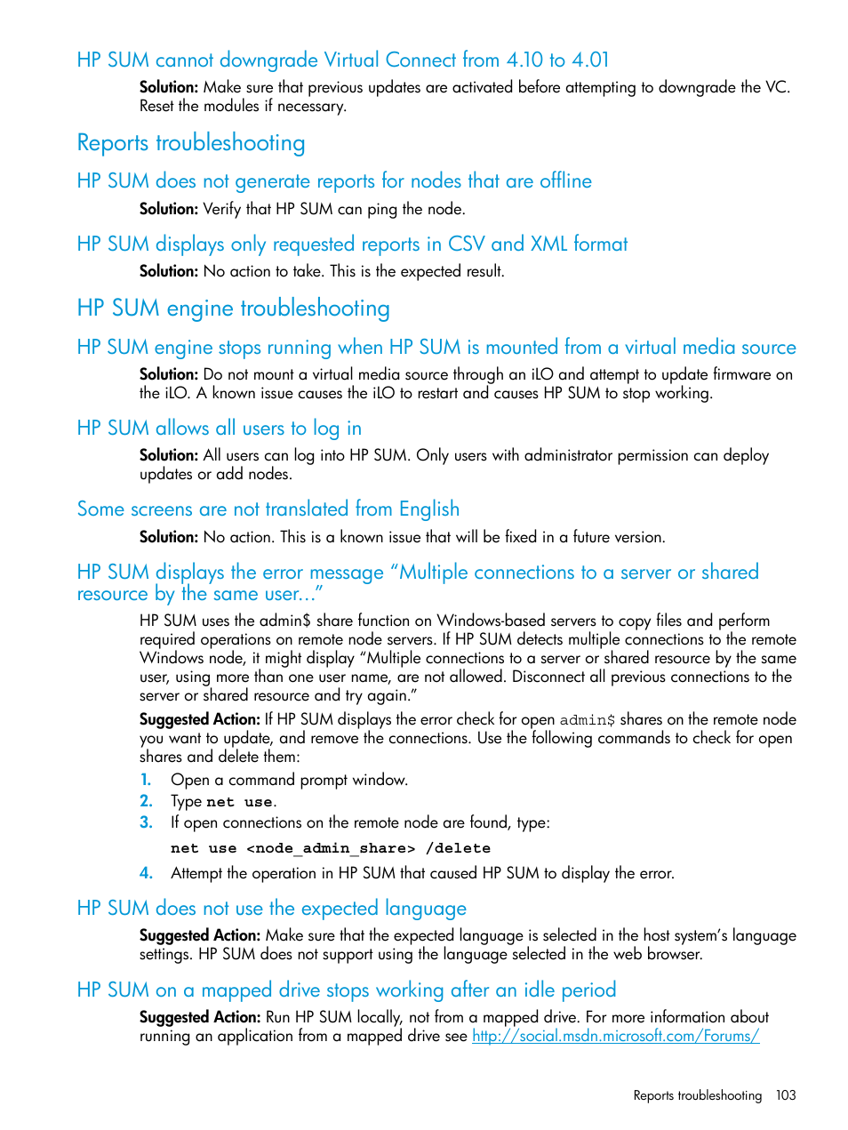 Reports troubleshooting, Hp sum engine troubleshooting, Hp sum allows all users to log in | Some screens are not translated from english, Hp sum does not use the expected language | HP Smart Update Manager User Manual | Page 103 / 130