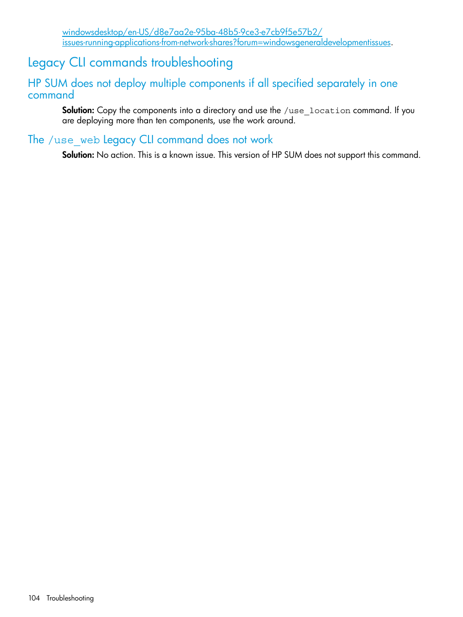 Legacy cli commands troubleshooting, The /use_web legacy cli command does not work | HP Smart Update Manager User Manual | Page 104 / 130