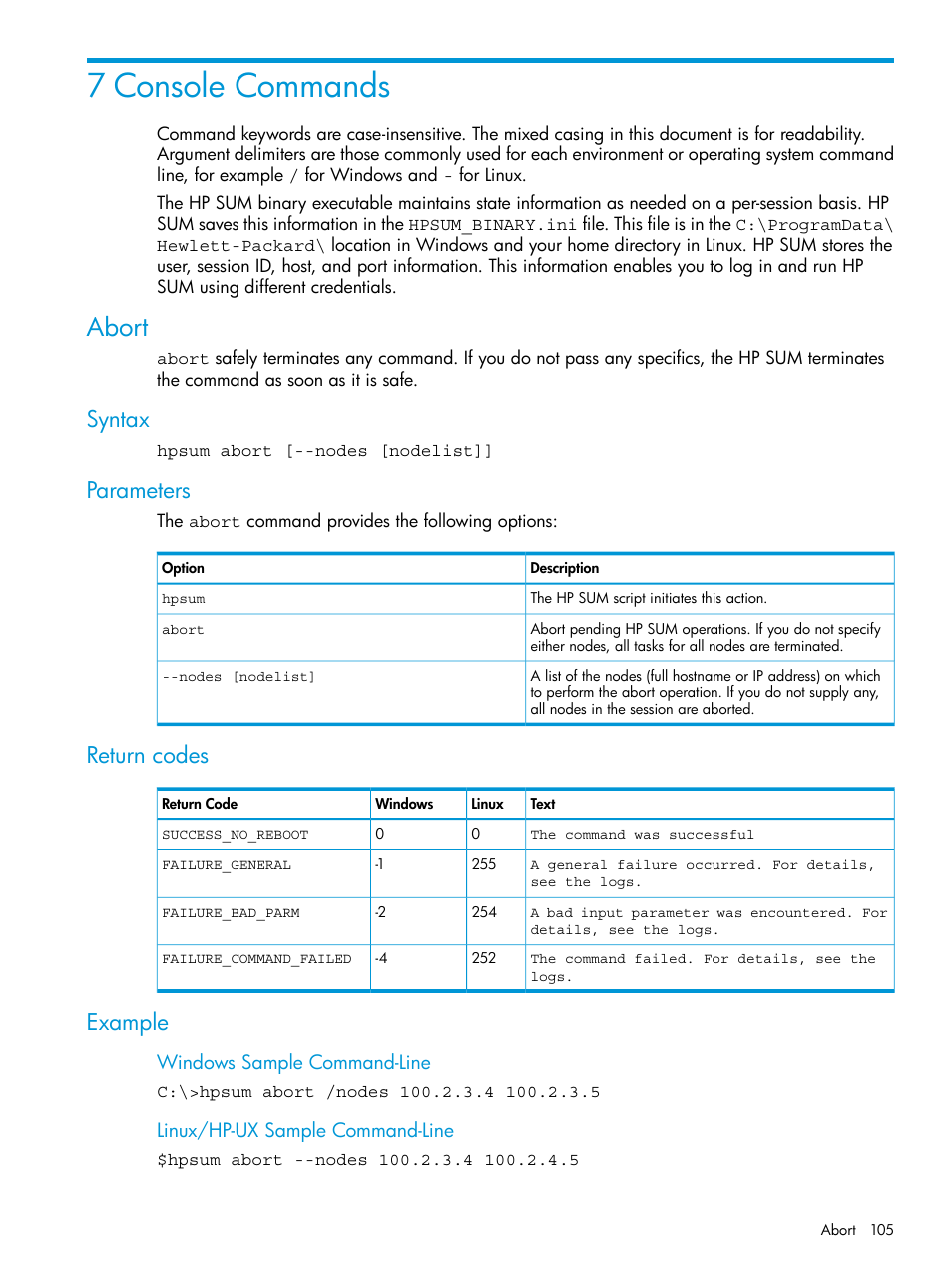 7 console commands, Abort, Syntax | Parameters, Return codes, Example, Syntax parameters return codes example | HP Smart Update Manager User Manual | Page 105 / 130