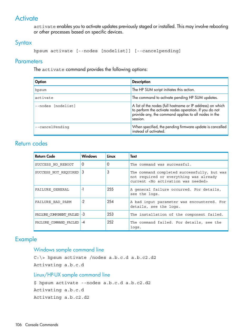 Activate, Syntax, Parameters | Return codes, Example, Syntax parameters return codes example, Windows sample command line, Linux/hp-ux sample command line | HP Smart Update Manager User Manual | Page 106 / 130