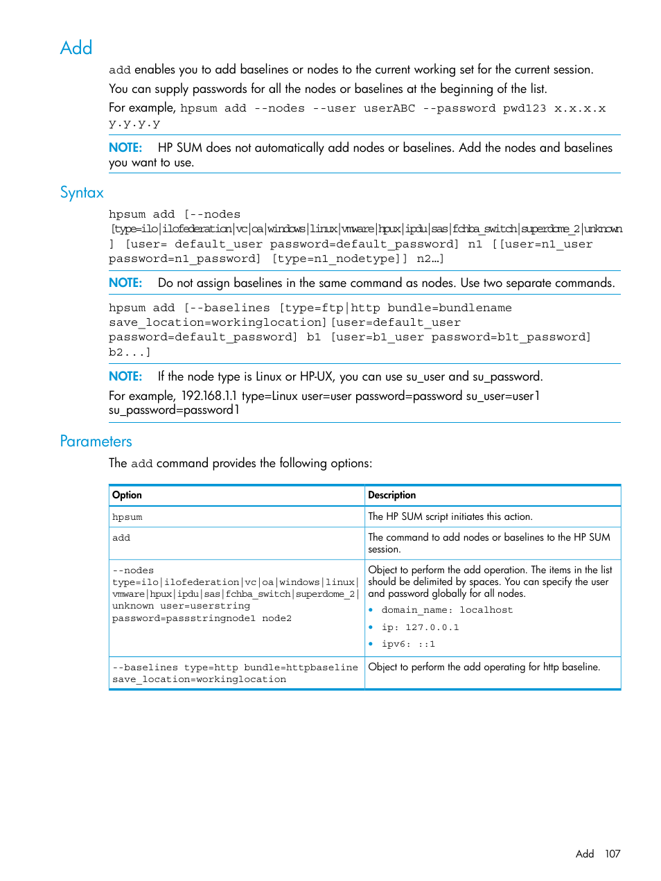 Syntax, Parameters, Syntax parameters | HP Smart Update Manager User Manual | Page 107 / 130