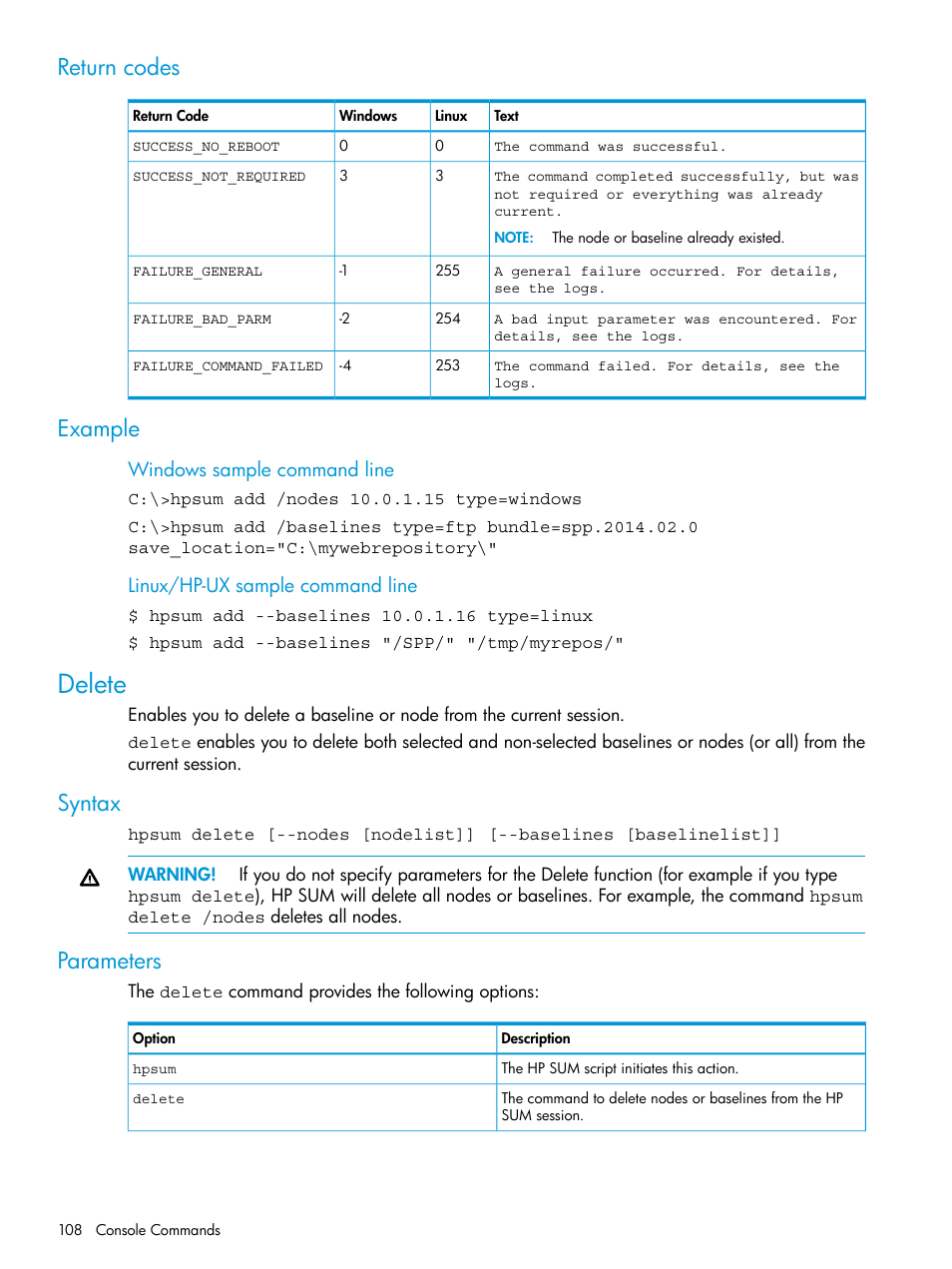 Return codes, Example, Delete | Syntax, Parameters, Return codes example, Syntax parameters | HP Smart Update Manager User Manual | Page 108 / 130