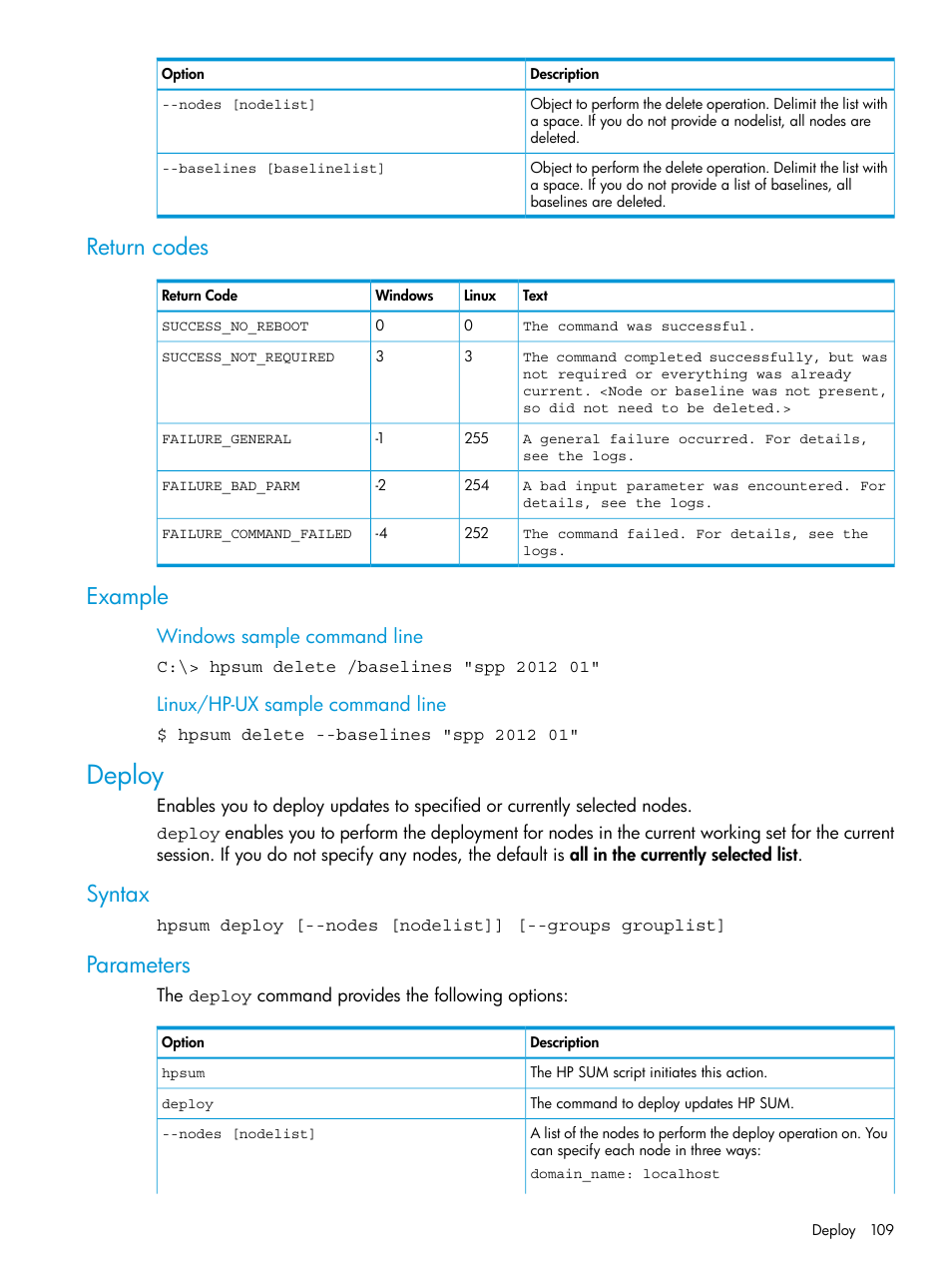 Return codes, Example, Deploy | Syntax, Parameters, Return codes example, Syntax parameters, Windows sample command line, Linux/hp-ux sample command line | HP Smart Update Manager User Manual | Page 109 / 130