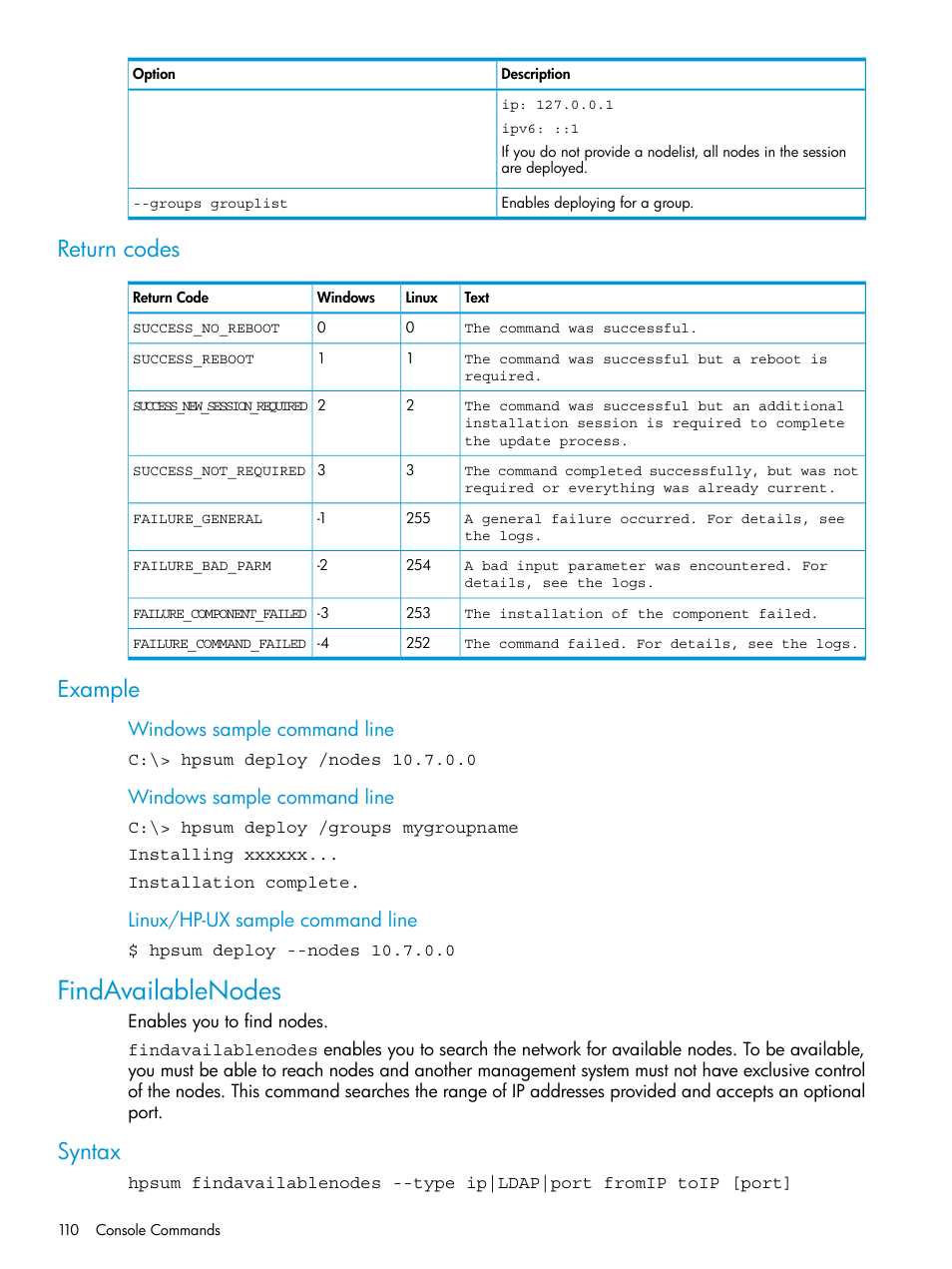 Return codes, Example, Findavailablenodes | Syntax, Return codes example, Windows sample command line, Linux/hp-ux sample command line | HP Smart Update Manager User Manual | Page 110 / 130