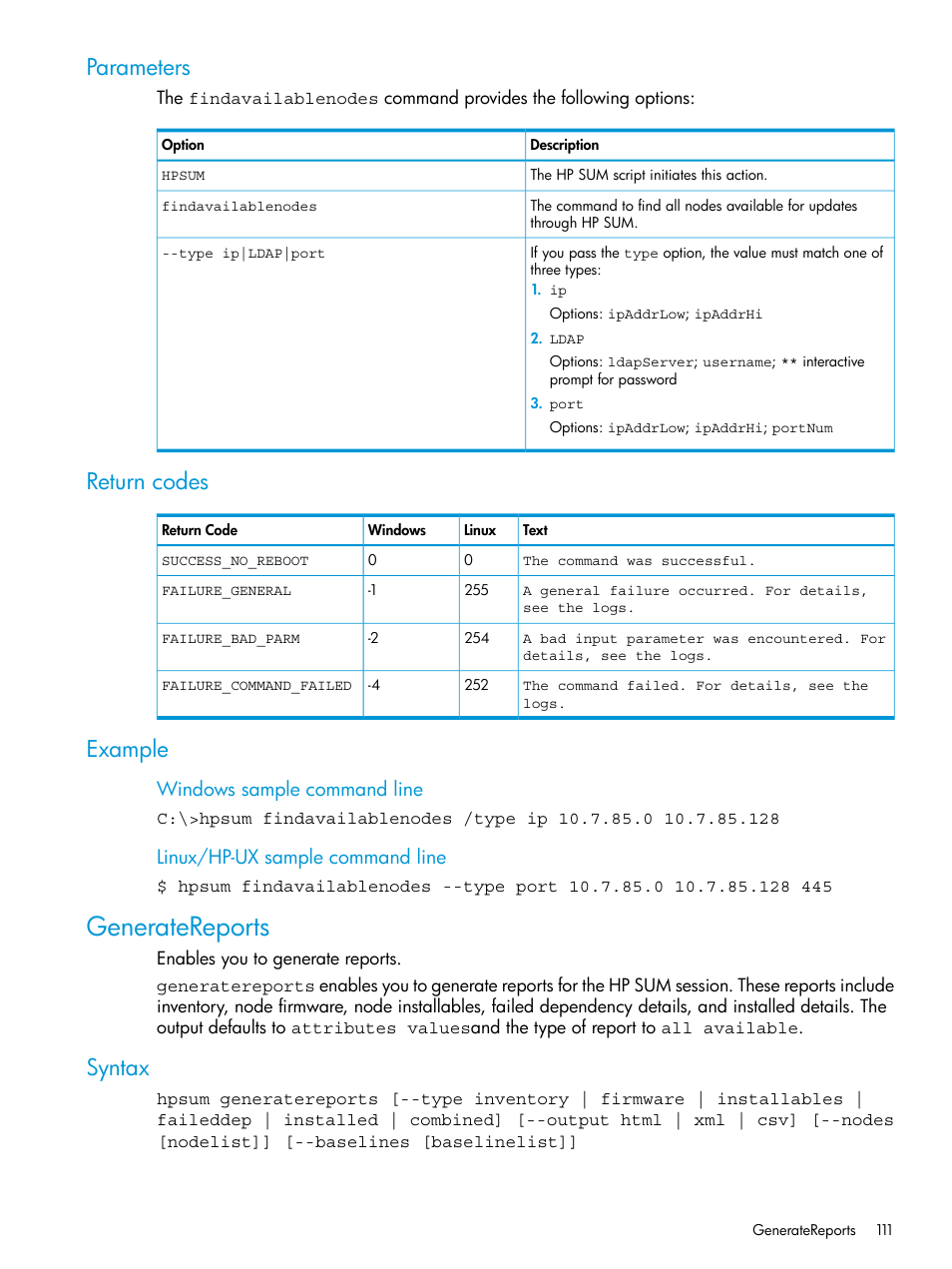 Parameters, Return codes, Example | Generatereports, Syntax, Parameters return codes example, Windows sample command line, Linux/hp-ux sample command line | HP Smart Update Manager User Manual | Page 111 / 130