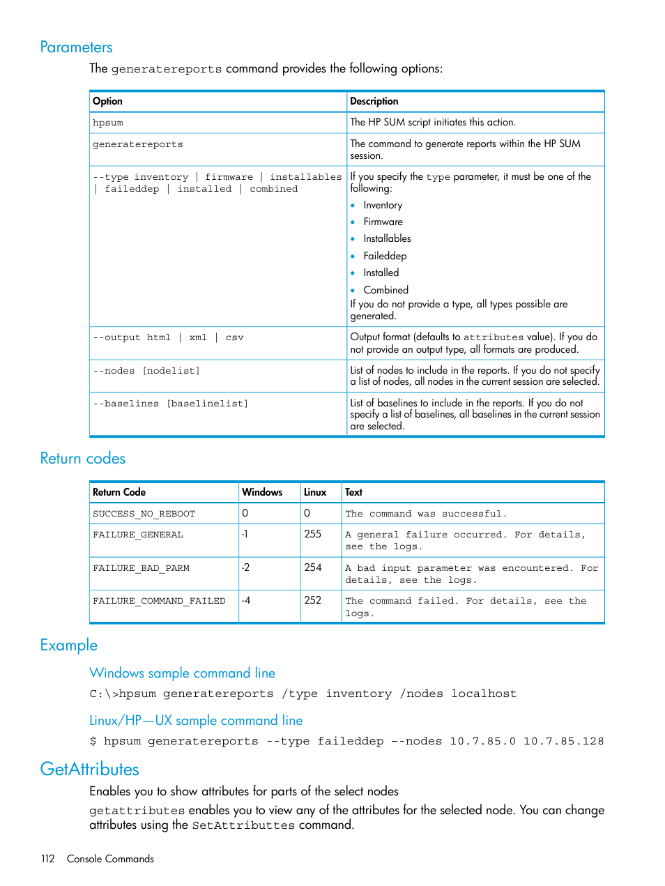 Parameters, Return codes, Example | Getattributes, Parameters return codes example, Windows sample command line, Linux/hp—ux sample command line | HP Smart Update Manager User Manual | Page 112 / 130