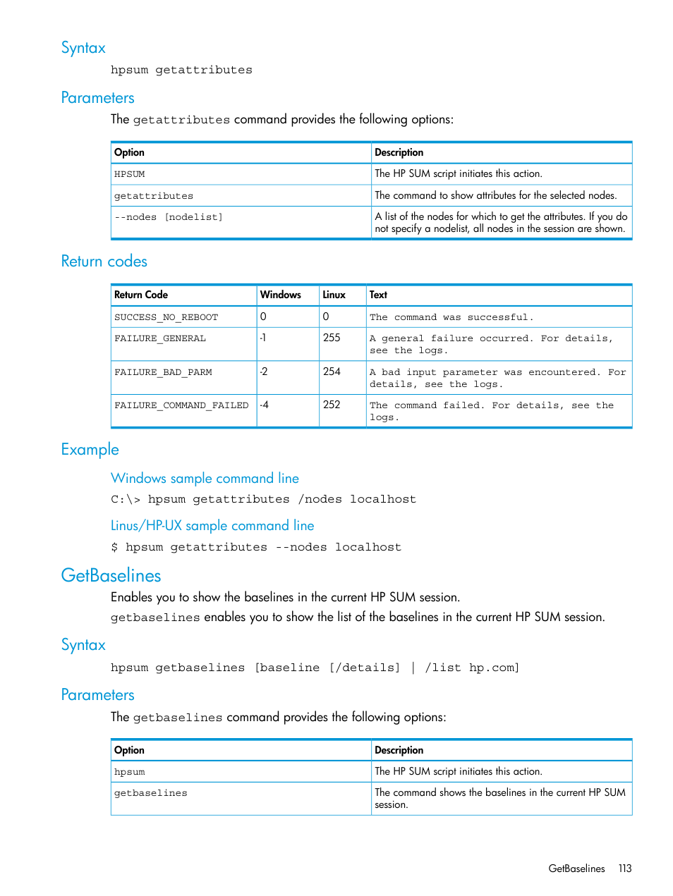 Syntax, Parameters, Return codes | Example, Getbaselines, Syntax parameters return codes example, Syntax parameters | HP Smart Update Manager User Manual | Page 113 / 130