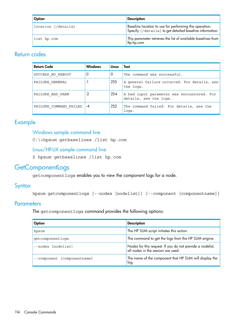 Return codes, Example, Getcomponentlogs | Syntax, Parameters, Return codes example, Syntax parameters, Windows sample command line, Linux/hp-ux sample command line | HP Smart Update Manager User Manual | Page 114 / 130