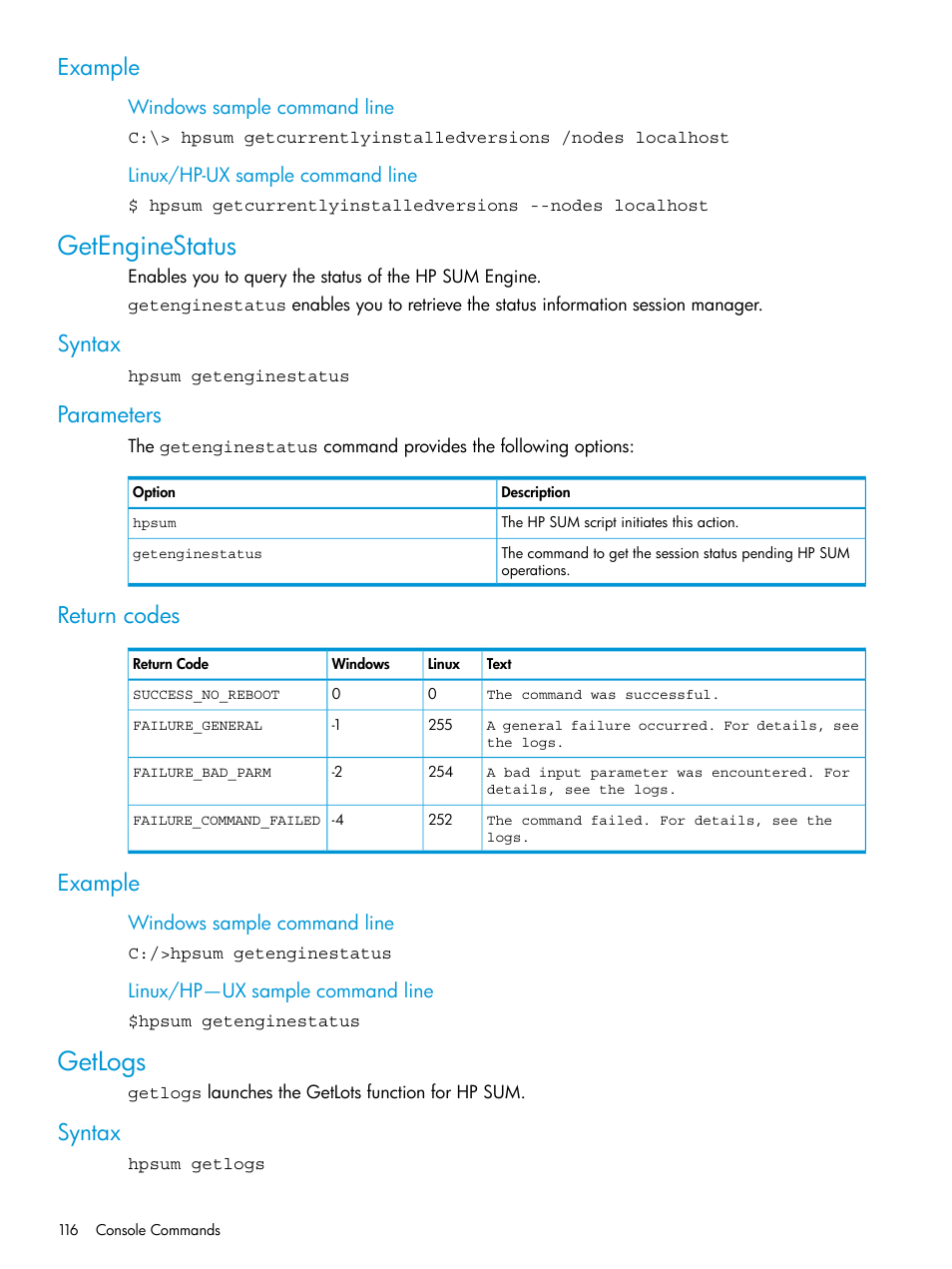 Example, Getenginestatus, Syntax | Parameters, Return codes, Getlogs, Syntax parameters return codes example | HP Smart Update Manager User Manual | Page 116 / 130