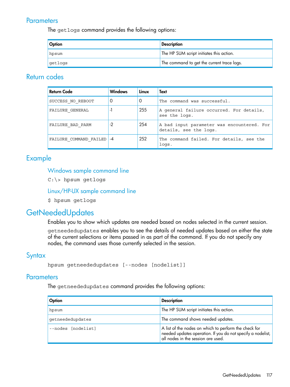 Parameters, Return codes, Example | Getneededupdates, Syntax, Parameters return codes example, Syntax parameters | HP Smart Update Manager User Manual | Page 117 / 130