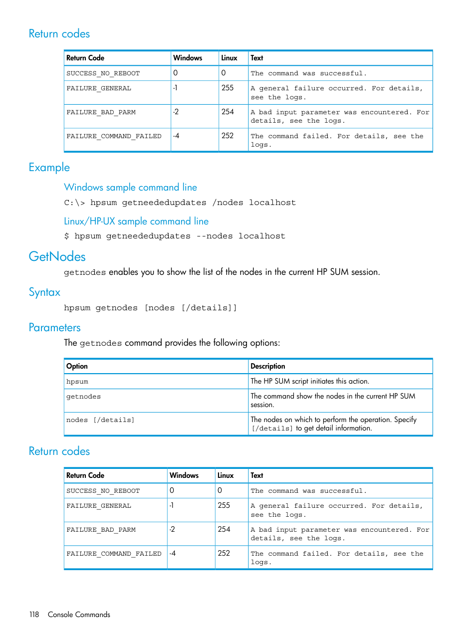 Return codes, Example, Getnodes | Syntax, Parameters, Return codes example, Syntax parameters return codes, Windows sample command line, Linux/hp-ux sample command line | HP Smart Update Manager User Manual | Page 118 / 130