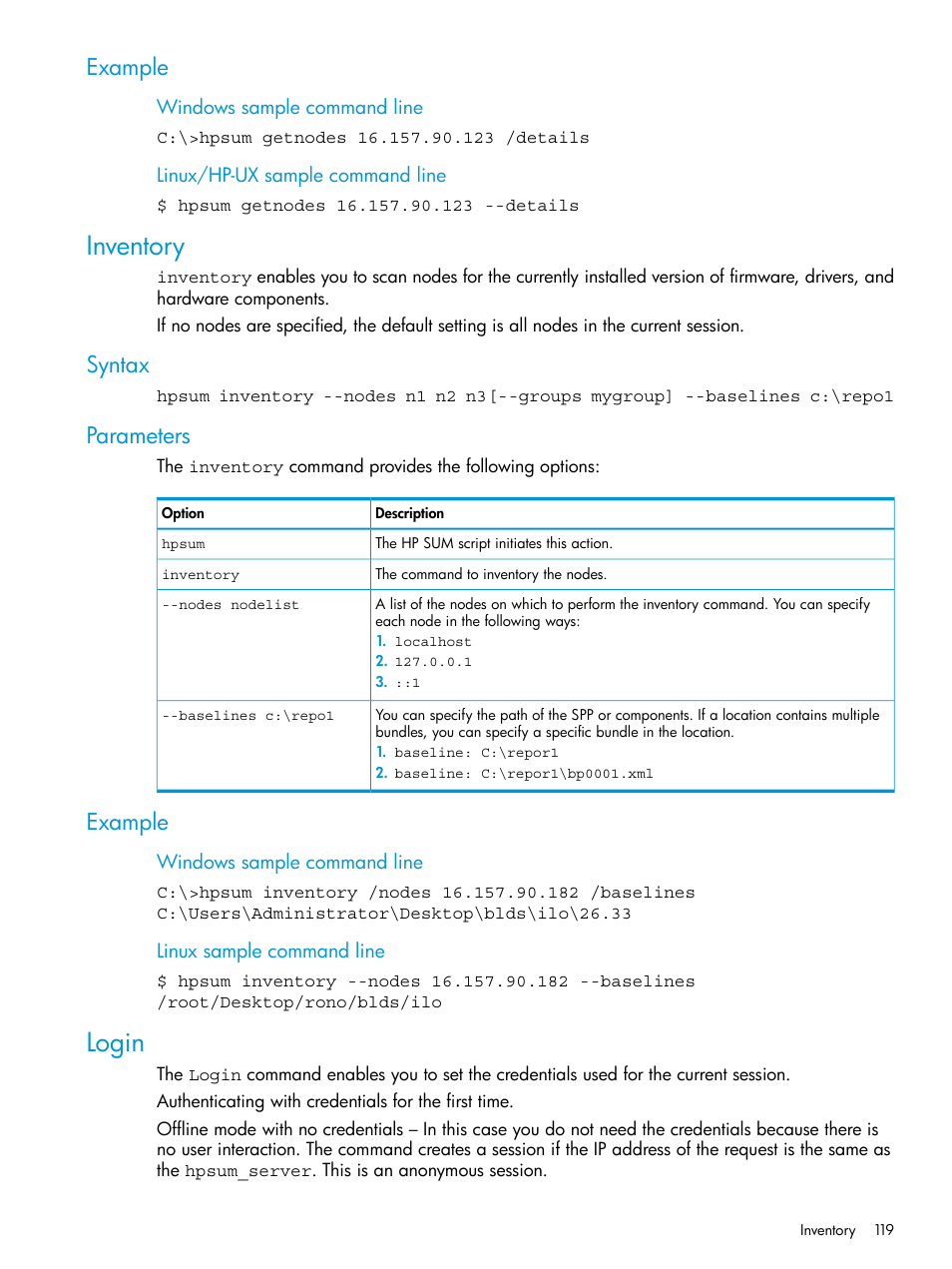 Example, Inventory, Syntax | Parameters, Login, Syntax parameters example | HP Smart Update Manager User Manual | Page 119 / 130