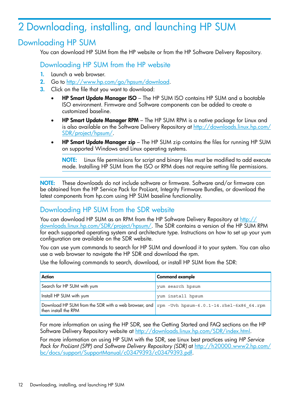 2 downloading, installing, and launching hp sum, Downloading hp sum, Downloading hp sum from the hp website | Downloading hp sum from the sdr website | HP Smart Update Manager User Manual | Page 12 / 130