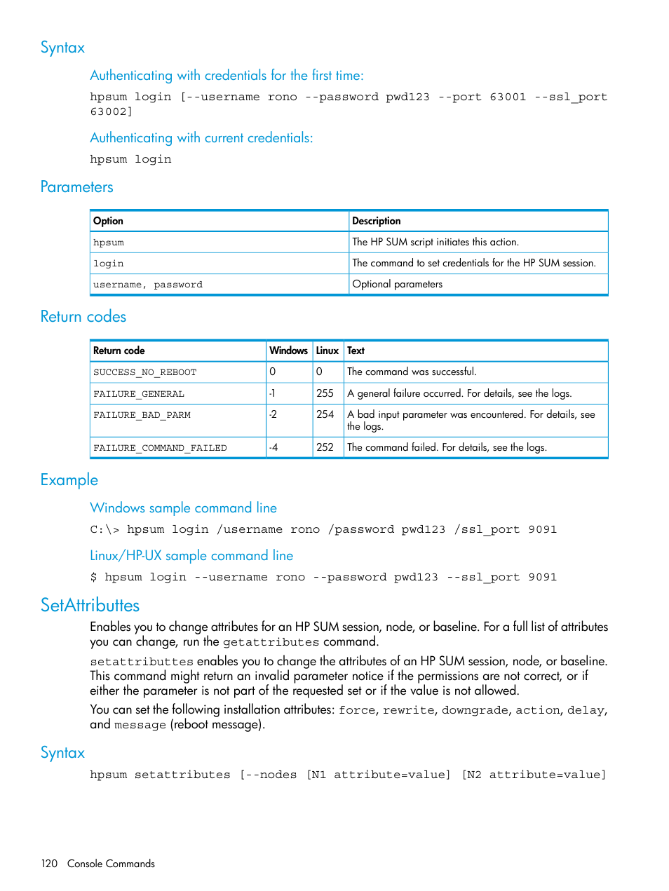 Syntax, Parameters, Return codes | Example, Setattributtes, Syntax parameters return codes example | HP Smart Update Manager User Manual | Page 120 / 130