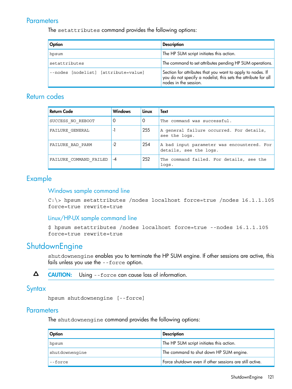 Parameters, Return codes, Example | Shutdownengine, Syntax, Parameters return codes example, Syntax parameters | HP Smart Update Manager User Manual | Page 121 / 130