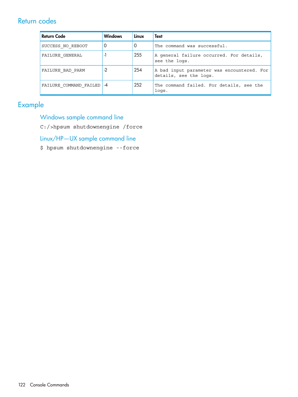 Return codes, Example, Return codes example | Windows sample command line, Linux/hp—ux sample command line | HP Smart Update Manager User Manual | Page 122 / 130