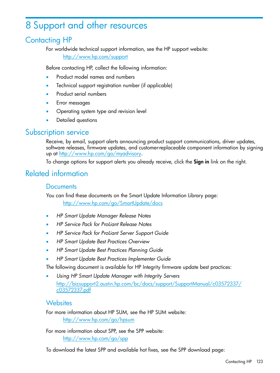 8 support and other resources, Contacting hp, Subscription service | Related information, Contacting hp subscription service, Documents, Websites | HP Smart Update Manager User Manual | Page 123 / 130