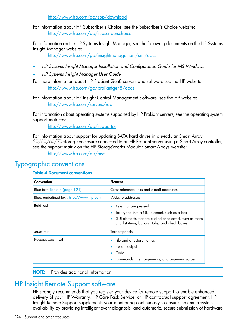 Typographic conventions, Hp insight remote support software | HP Smart Update Manager User Manual | Page 124 / 130