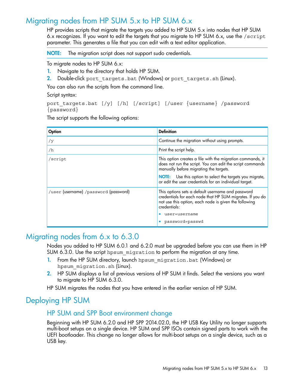 Migrating nodes from hp sum 5.x to hp sum 6.x, Migrating nodes from 6.x to 6.3.0, Deploying hp sum | Hp sum and spp boot environment change | HP Smart Update Manager User Manual | Page 13 / 130