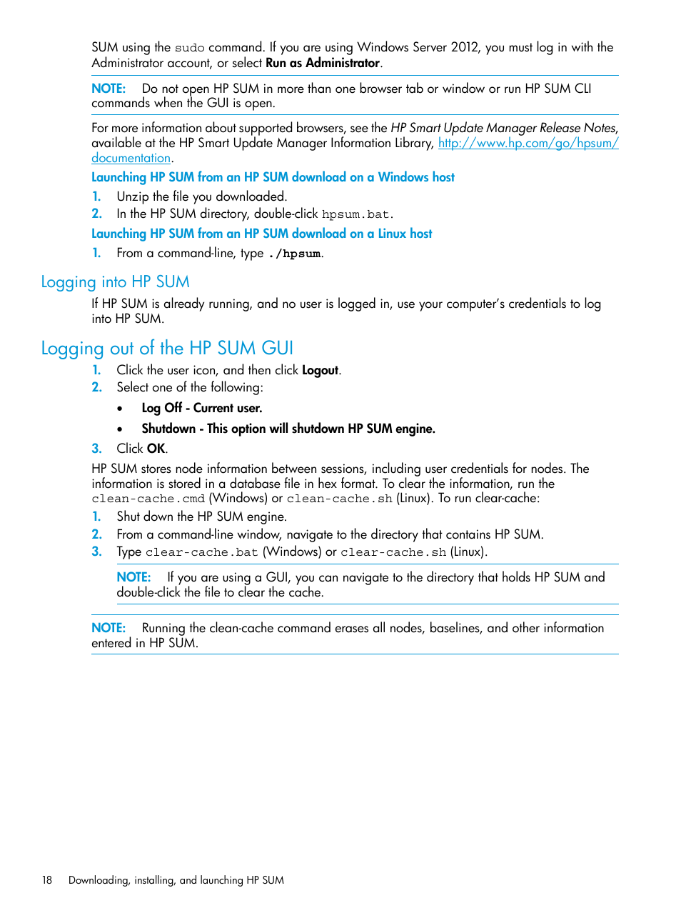 Logging into hp sum, Logging out of the hp sum gui | HP Smart Update Manager User Manual | Page 18 / 130