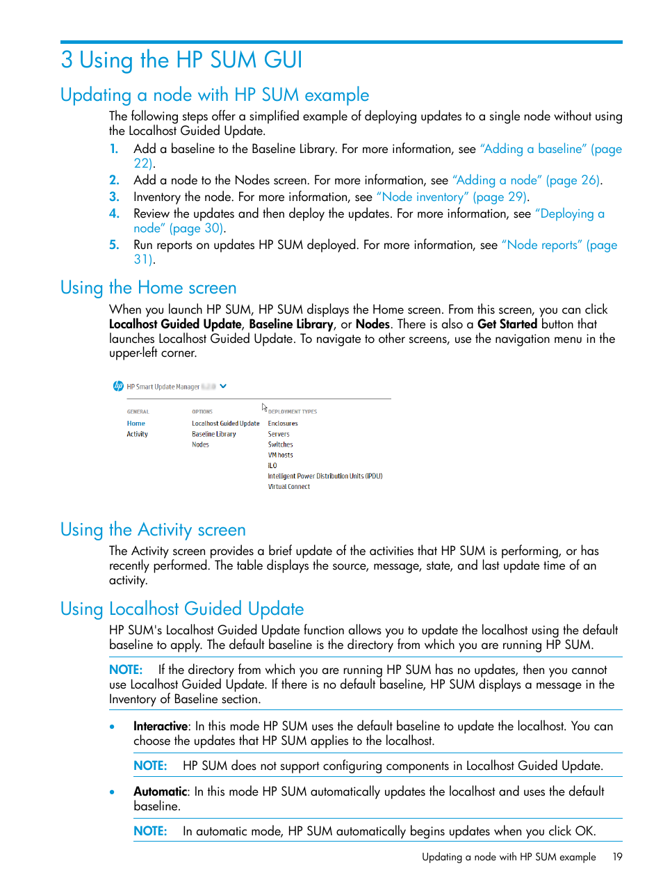 3 using the hp sum gui, Updating a node with hp sum example, Using the home screen | Using the activity screen, Using localhost guided update | HP Smart Update Manager User Manual | Page 19 / 130