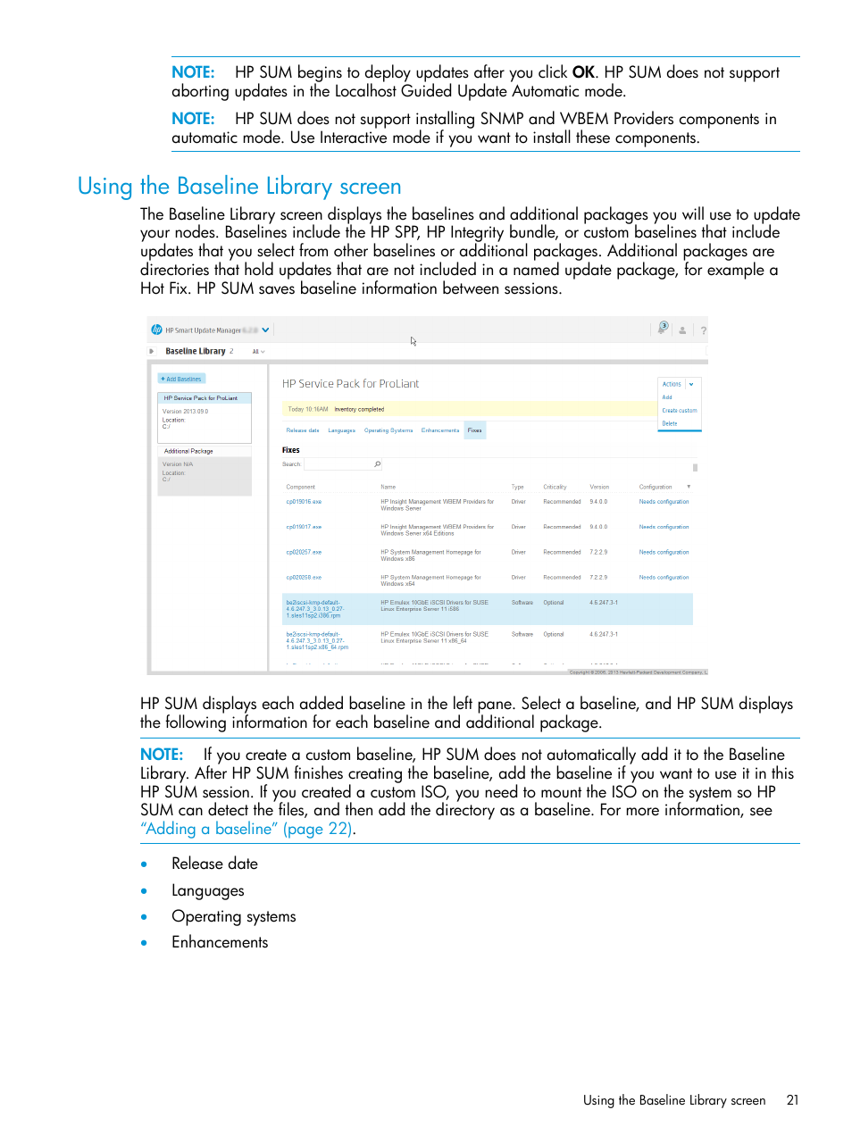Using the baseline library screen | HP Smart Update Manager User Manual | Page 21 / 130
