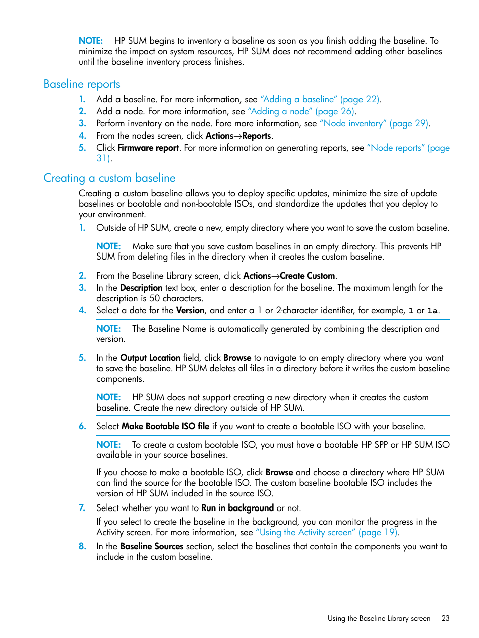 Baseline reports, Creating a custom baseline, Baseline reports creating a custom baseline | HP Smart Update Manager User Manual | Page 23 / 130