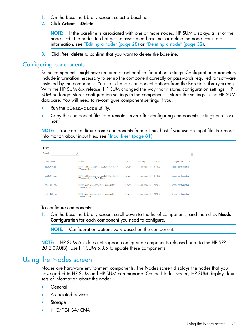 Configuring components, Using the nodes screen | HP Smart Update Manager User Manual | Page 25 / 130