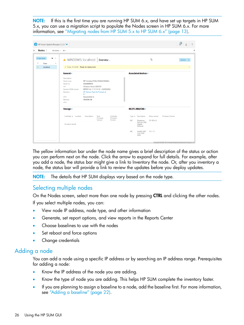 Adding a node, Selecting multiple nodes | HP Smart Update Manager User Manual | Page 26 / 130