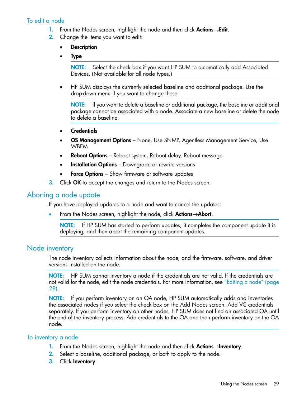 Aborting a node update, Node inventory, Aborting a node update node inventory | HP Smart Update Manager User Manual | Page 29 / 130