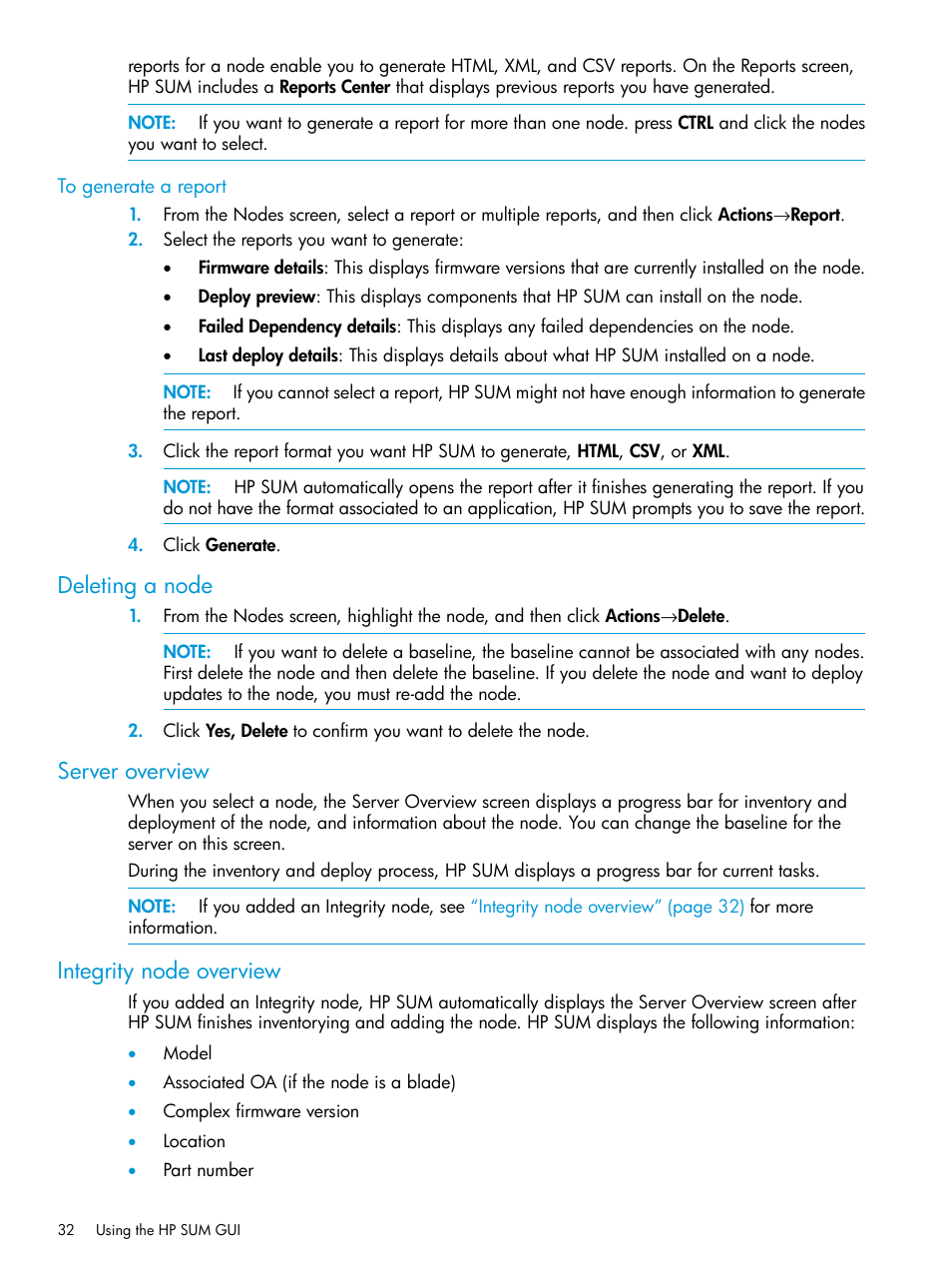 Deleting a node, Server overview, Integrity node overview | HP Smart Update Manager User Manual | Page 32 / 130