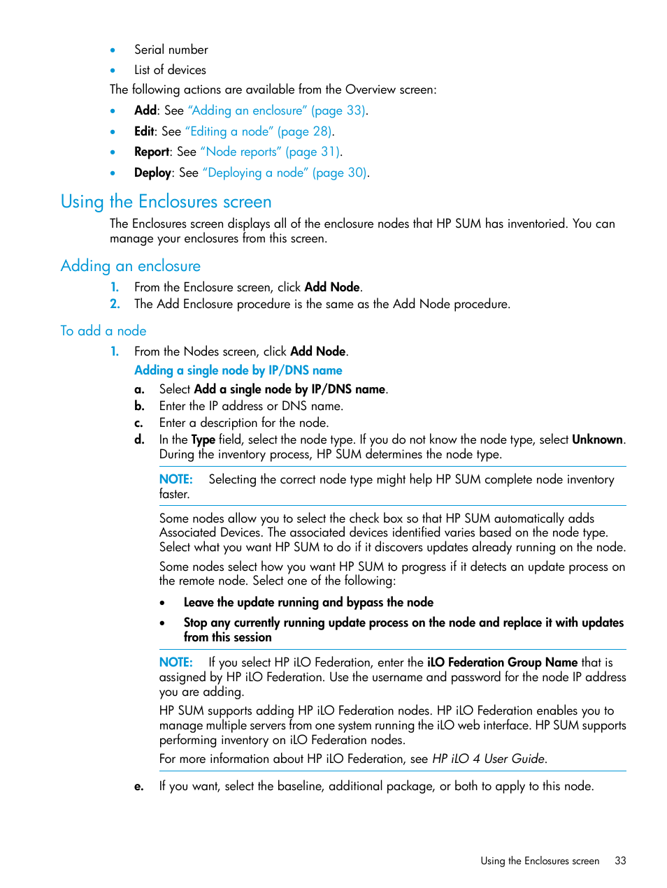 Using the enclosures screen, Adding an enclosure | HP Smart Update Manager User Manual | Page 33 / 130