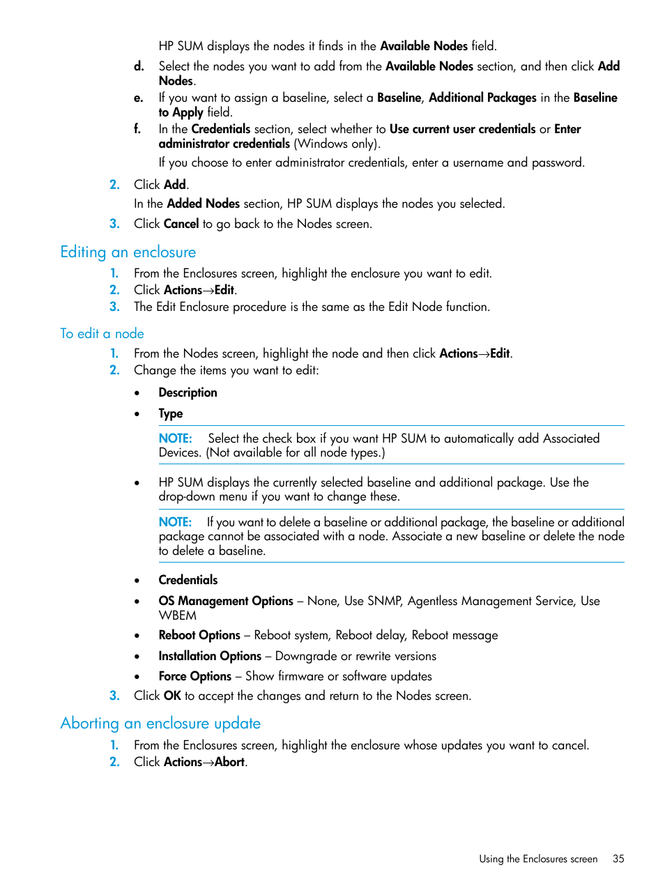 Editing an enclosure, Aborting an enclosure update, Editing an enclosure aborting an enclosure update | HP Smart Update Manager User Manual | Page 35 / 130