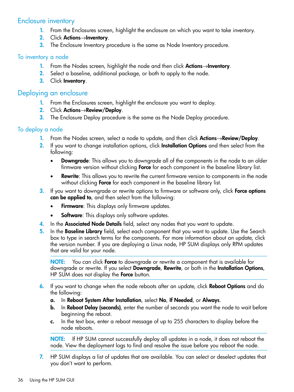 Enclosure inventory, Deploying an enclosure, Enclosure inventory deploying an enclosure | HP Smart Update Manager User Manual | Page 36 / 130