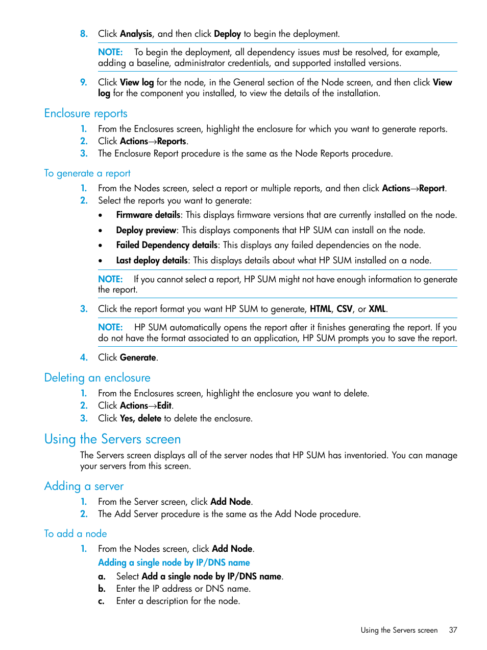 Enclosure reports, Deleting an enclosure, Using the servers screen | Adding a server, Enclosure reports deleting an enclosure | HP Smart Update Manager User Manual | Page 37 / 130