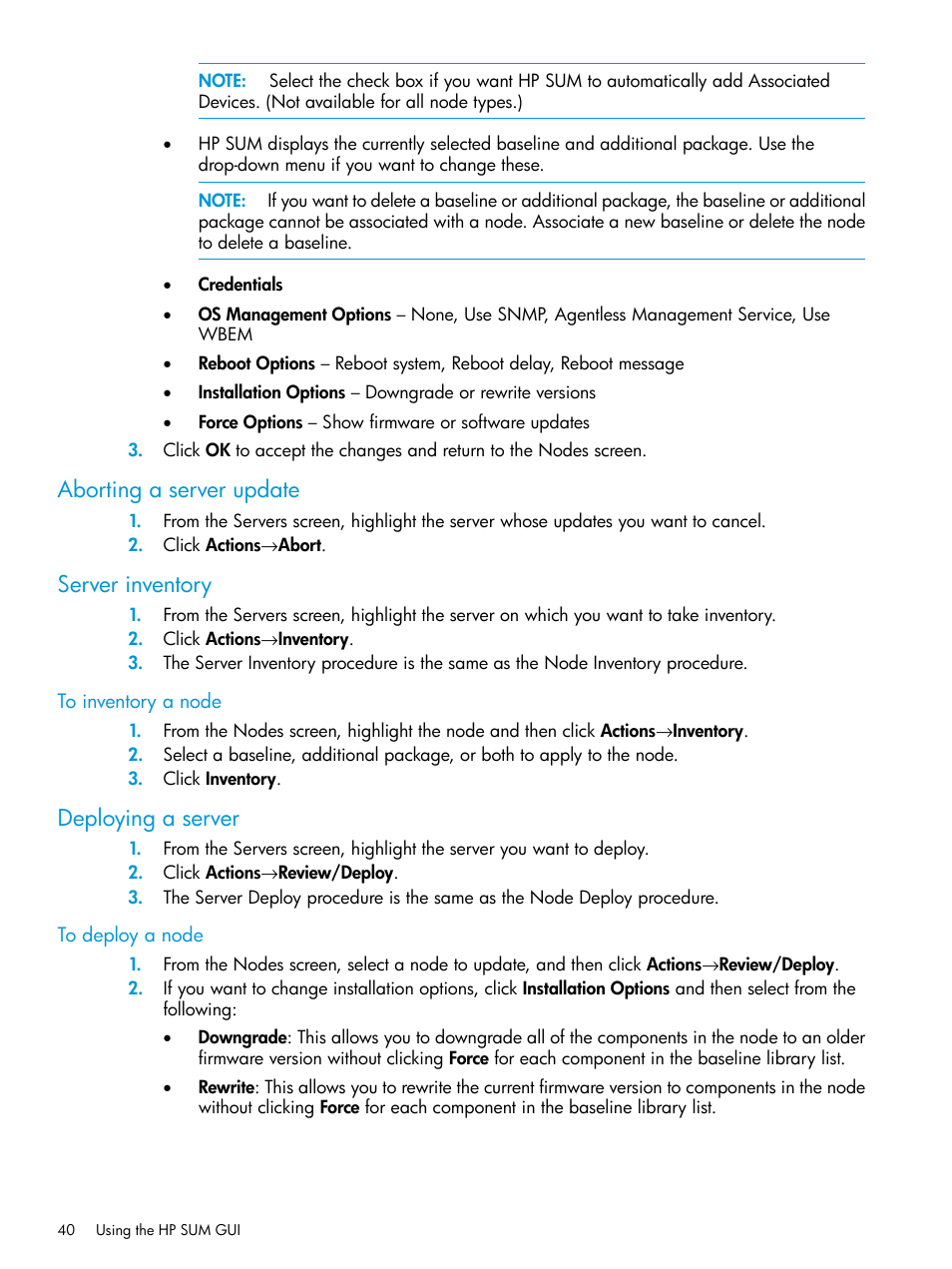 Aborting a server update, Server inventory, Deploying a server | HP Smart Update Manager User Manual | Page 40 / 130
