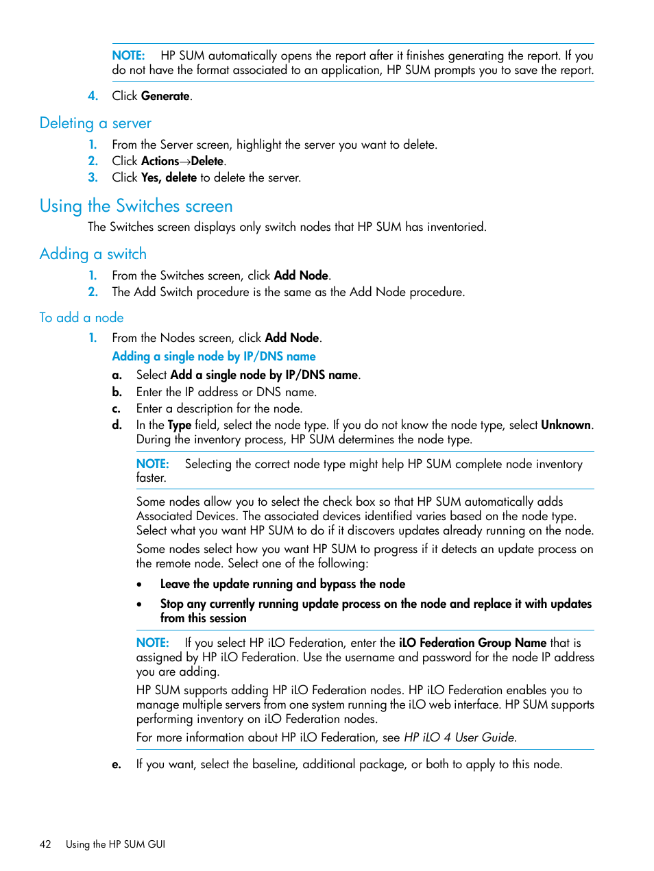 Deleting a server, Using the switches screen, Adding a switch | HP Smart Update Manager User Manual | Page 42 / 130