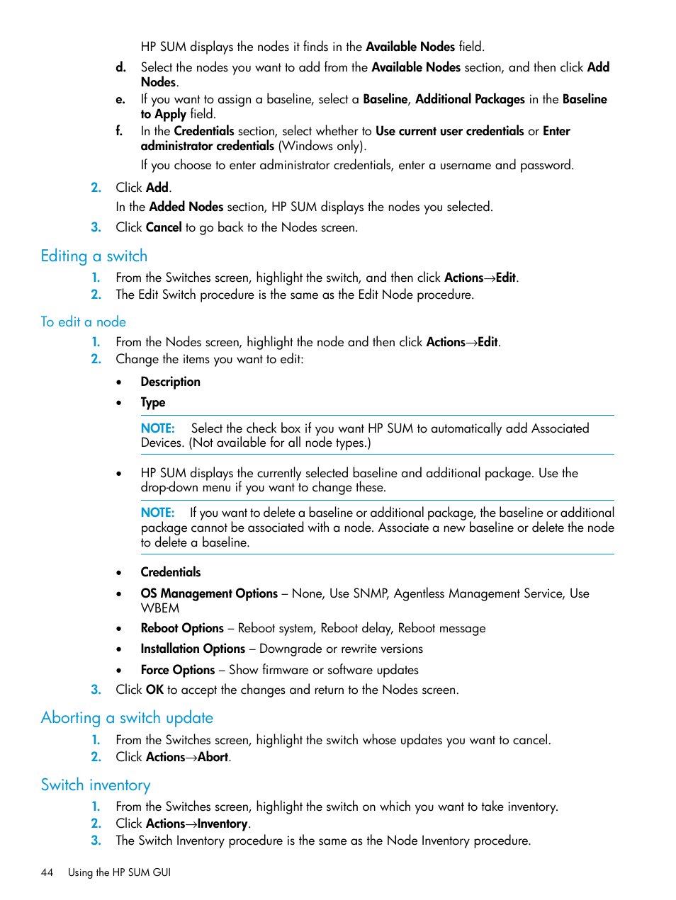 Editing a switch, Aborting a switch update, Switch inventory | HP Smart Update Manager User Manual | Page 44 / 130