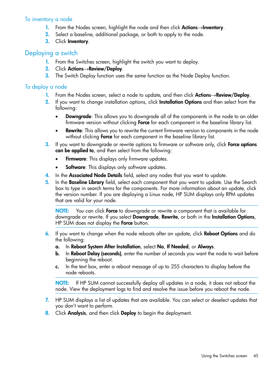 Deploying a switch | HP Smart Update Manager User Manual | Page 45 / 130