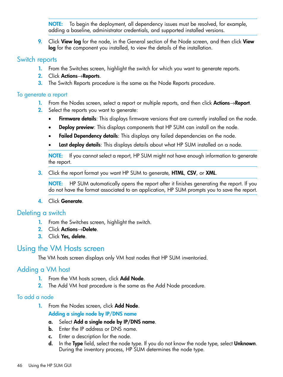 Switch reports, Deleting a switch, Using the vm hosts screen | Adding a vm host, Switch reports deleting a switch | HP Smart Update Manager User Manual | Page 46 / 130