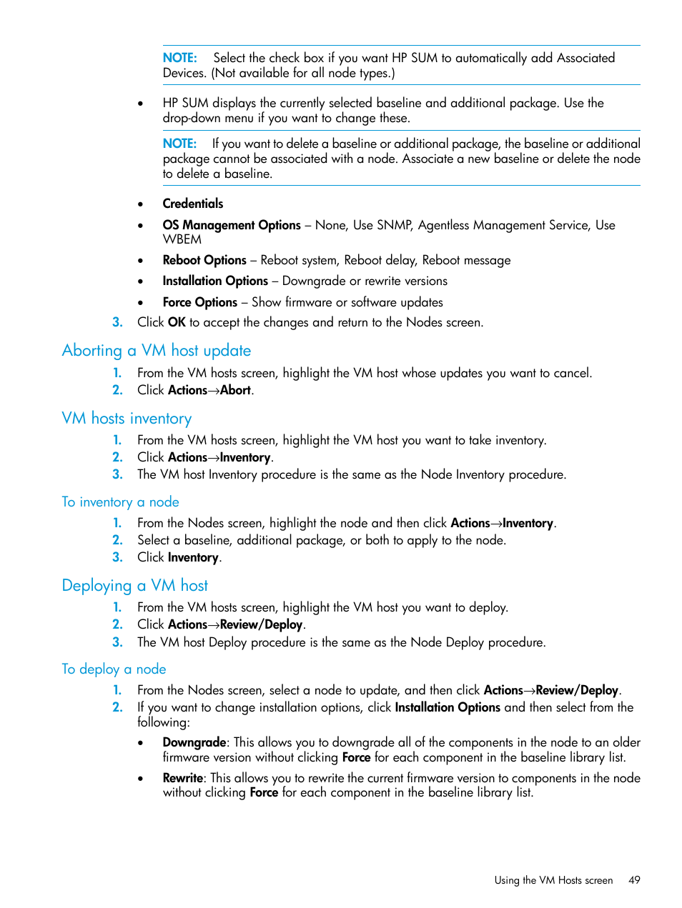 Aborting a vm host update, Vm hosts inventory, Deploying a vm host | HP Smart Update Manager User Manual | Page 49 / 130