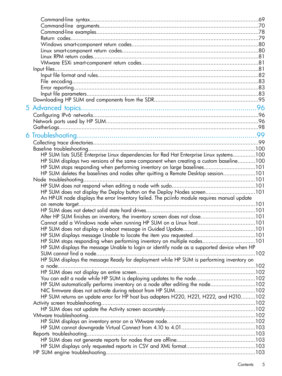 5 advanced topics, 6 troubleshooting | HP Smart Update Manager User Manual | Page 5 / 130