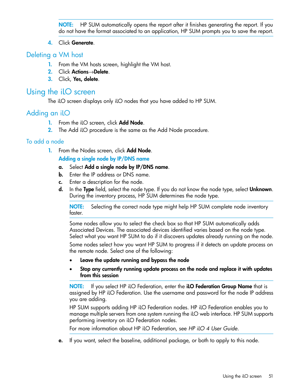 Deleting a vm host, Using the ilo screen, Adding an ilo | HP Smart Update Manager User Manual | Page 51 / 130