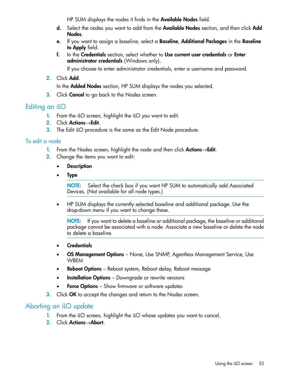 Editing an ilo, Aborting an ilo update, Editing an ilo aborting an ilo update | HP Smart Update Manager User Manual | Page 53 / 130