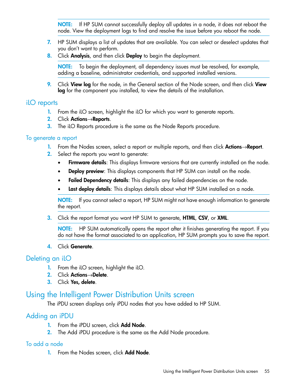 Ilo reports, Deleting an ilo, Adding an ipdu | Ilo reports deleting an ilo | HP Smart Update Manager User Manual | Page 55 / 130