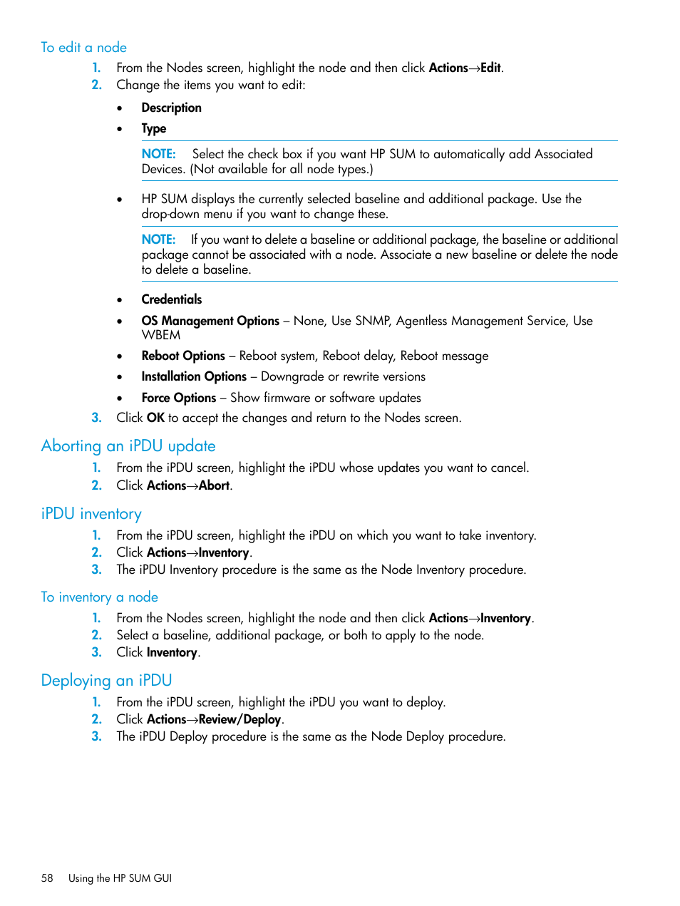 Aborting an ipdu update, Ipdu inventory, Deploying an ipdu | HP Smart Update Manager User Manual | Page 58 / 130