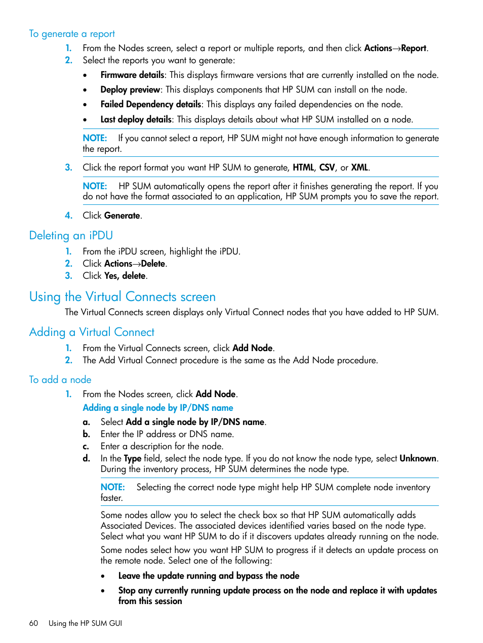 Deleting an ipdu, Using the virtual connects screen, Adding a virtual connect | HP Smart Update Manager User Manual | Page 60 / 130