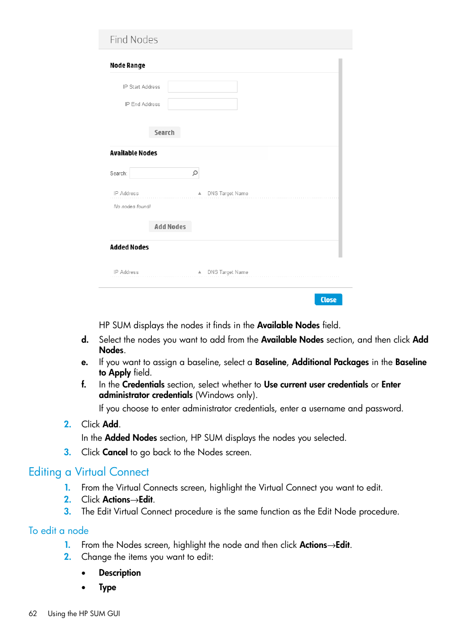 Editing a virtual connect | HP Smart Update Manager User Manual | Page 62 / 130